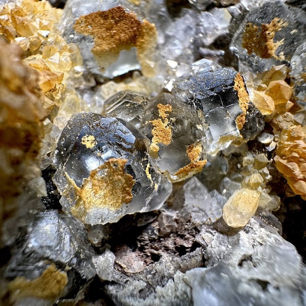 Plate of yellow-skinned quartz with fluorite and calcite from Fujian, China, view 9 of 11