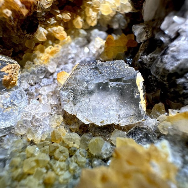 Plate of yellow-skinned quartz with fluorite and calcite from Fujian, China, view 10 of 11