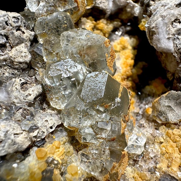 Plate of yellow-skinned quartz with fluorite and calcite from Fujian, China, view 11 of 11