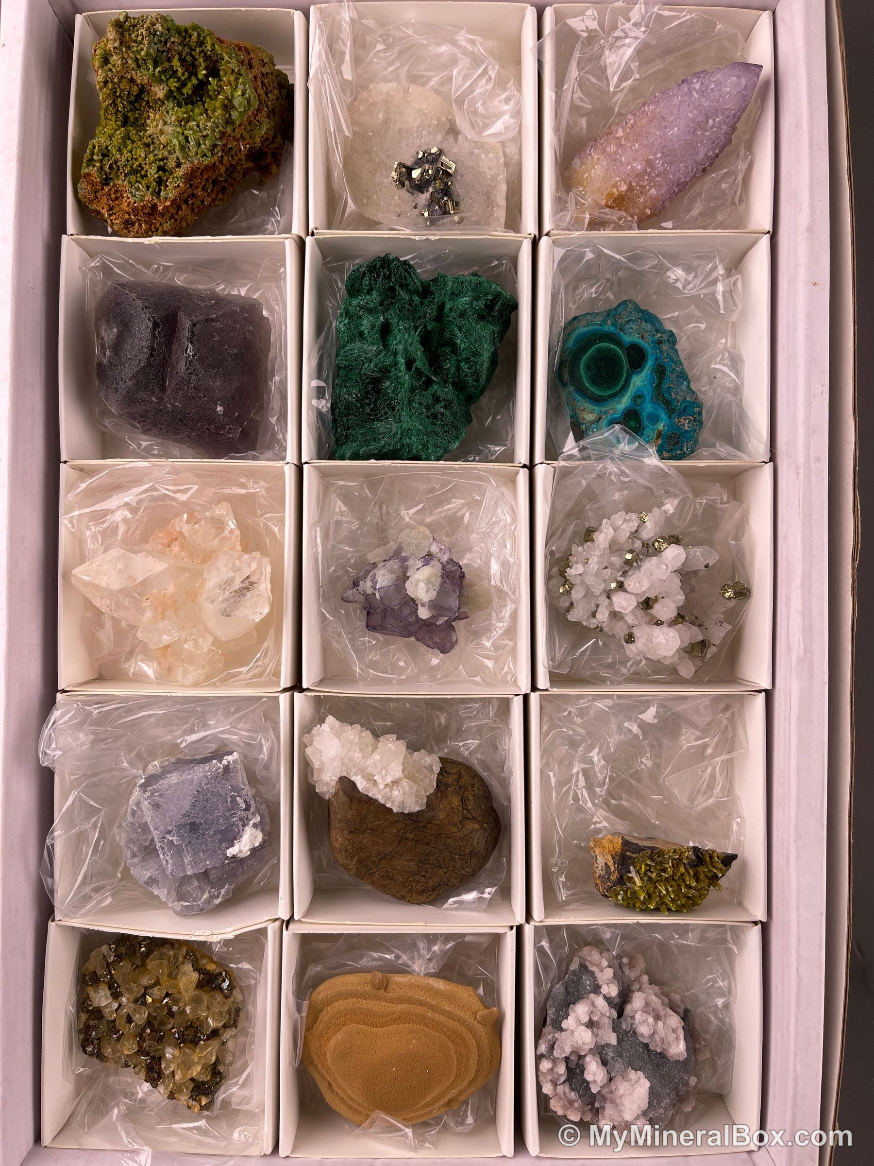 A fifteen-piece collector set of mineral hand specimens laid out for display, the kind of collection that benefits from good storage and lighting